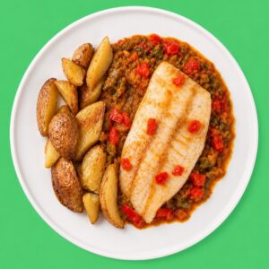 Dorada con salsa de pimientos y patatas