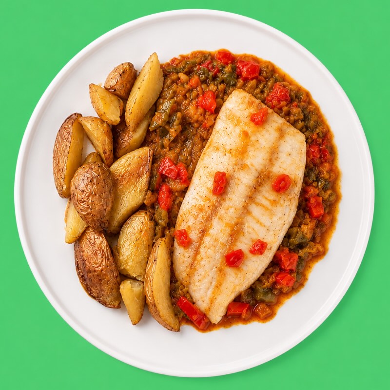 Dorada con salsa de pimientos y patatas