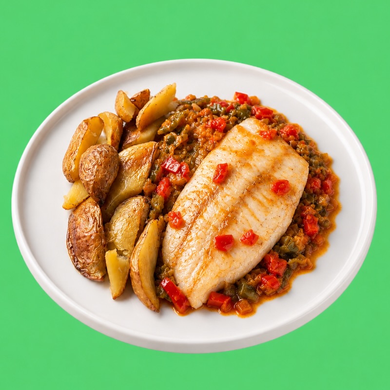 Dorada con salsa de pimientos y patatas